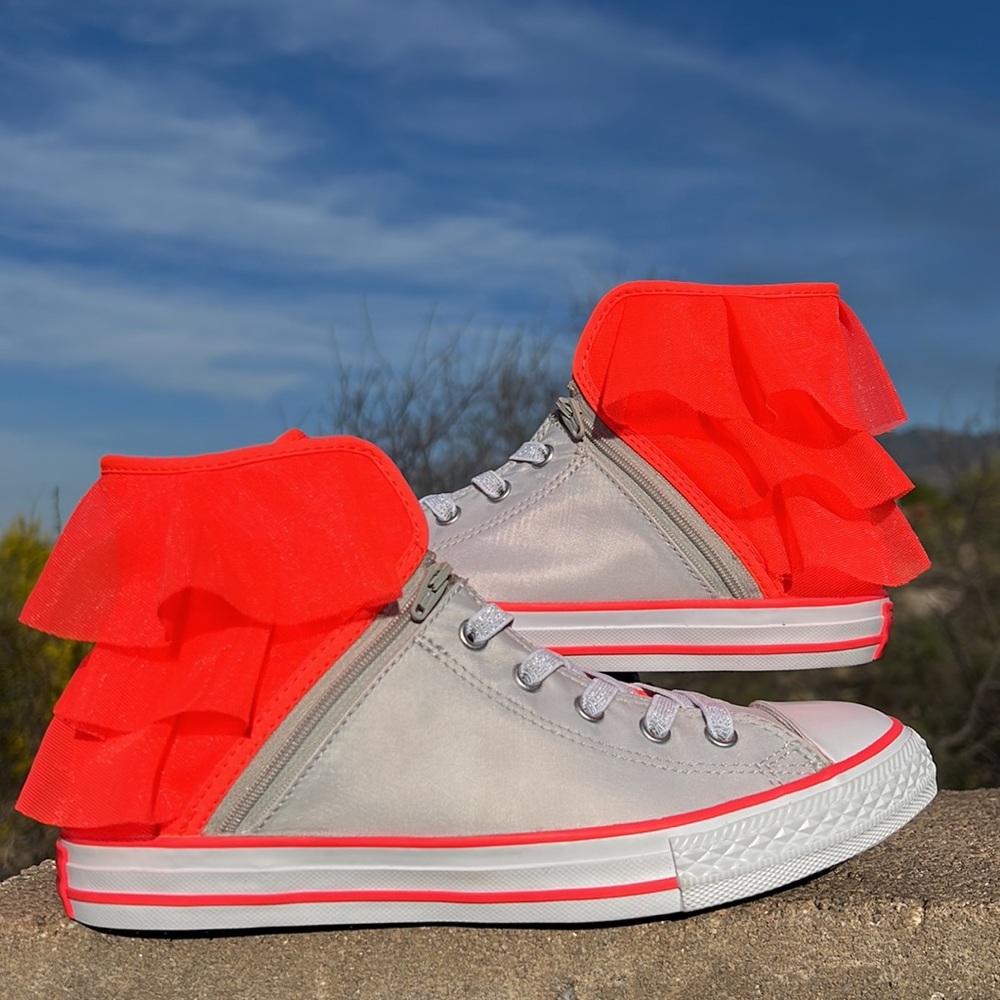 New Hot Punk Ruffled Tutu Gray Converse Side Zip Hi Top Sneakers